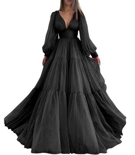 BOLENSYE Puffy Sleeve Prom Dresses Tulle Long Ball Gowns for Women Deep V Neck Formal Evening Dress