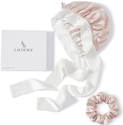 Anti-Slip 100% Real Mulberry Silk Bonnet with Silk Scrunchy for Sleeping Women, Large Double-Layered Silk Hair Wrap for Curly Hair (Pink+Ivory)