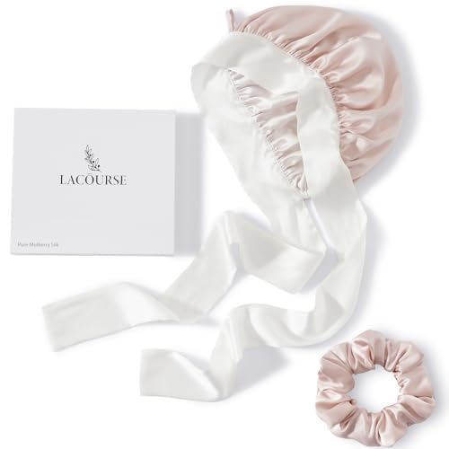 LaCourse Non-Slip 100% Mulberry Silk Bonnet for Sleeping Women - Double Layer Silk Hair Wrap for Curly Hair, with Tie Bands to Secure the Cap (Pink+Ivory)