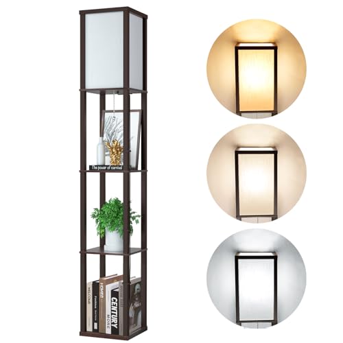 Lampada da Terra in Legno, Marrone Retrò Lampada da Pavimento con Mensola, Moderna Piantana da Terra con 3 Temperature di Colore Lampadina per Soggiorno Ufficio Angolo Corridoio Hotel (E27 Pera)