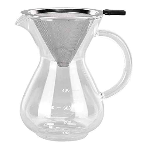 400ml Pour Over Coffee Maker,Reusable Stainless Steel Drip Filter,Glass Coffee Pot Kettle Heat Resistant Pour Over Coffee Maker with Stainless Steel Filter(Round bottom)