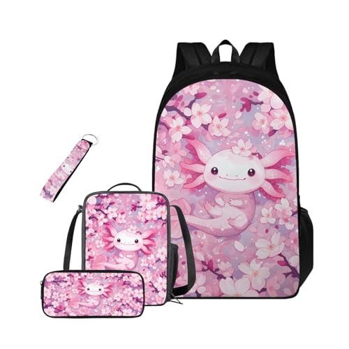 HUGS IDEA Axolotl Backpack for School Girls 8-10 Cherry Blossom Backpack for School Girls School Bag with Lunch Bag Set Lightweight Kids Bookbag for Elementary School 17 Inch Schoobag Set