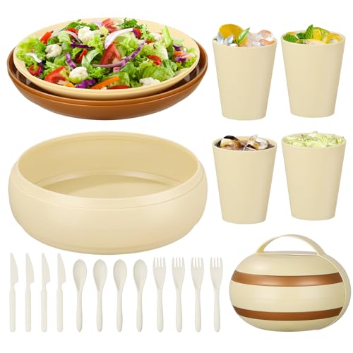 Voency Plastic Dinnerware Set, Unbreakable Dinner Set, Camping Plates and Bowls Set for 4 People, Lightweight Reusable Tableware Sets for Home Camping Picnic Outdoor Party RV