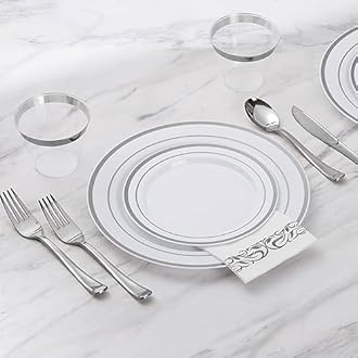 Goodluck 175 Piece Silver Dinnerware Set for 25 Guests, Plastic Disposable Plates for Party, Includes Dinner and Dessert Plates, Paper Napkins, Cups, Silverware Set
