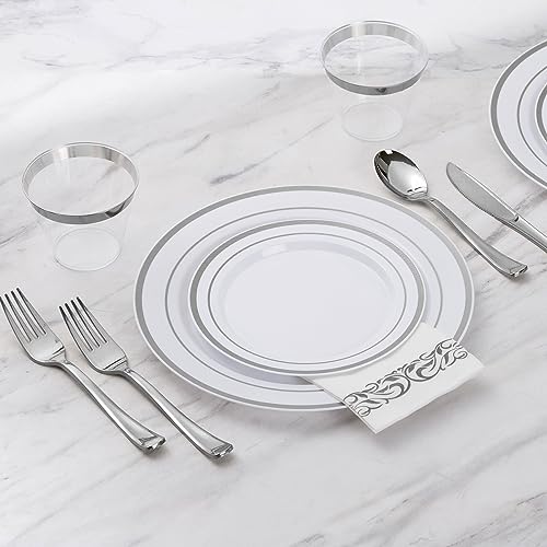 Goodluck 175 Piece Silver Dinnerware Set for 25 Guests, Plastic Disposable Plates for Party, Includes Dinner and Dessert Plates, Paper Napkins, Cups, Silverware Set