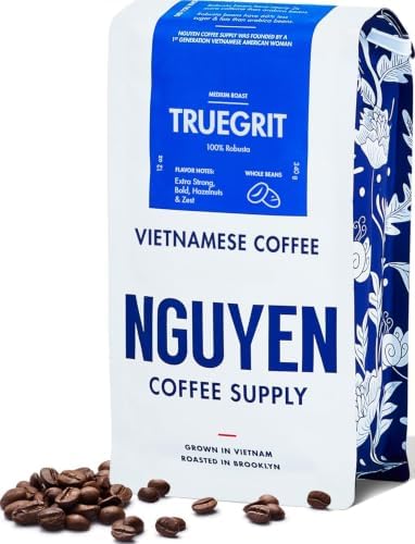 Nguyen Coffee Supply - Truegrit Robusta: Medium Roast Premium Whole Coffee Beans, Vietnamese Single Origin, Direct Trade, Low Acid with High Caffeine Content, Roasted in Brooklyn [12 oz Bag]