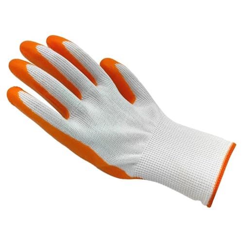Image of Orange White Nitrile Palm Coated Safety Hand Gloves - Lightweight, Durable, Enhanced Grip, Breathable for Industrial & Construction Use - (Pack of 7 Pairs)