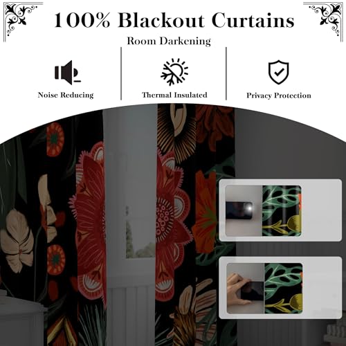 Image of Tyrot Black Floral Grommet Blackout Curtains, 52W x 63L, 2 Panels