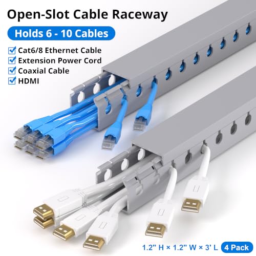 Image of 1.2 inchH x 1.2 inchW Cable Raceway, 12ft Under Desk Wire Management Channel, Grey