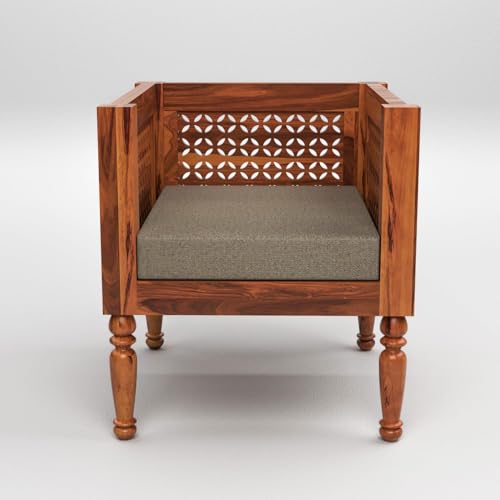Image of Sheesham Wooden 1 Seater Sofa for Living Room | Rosewood Cushion Sofa | Solid Wood Sofa Set for Lounge (Honey, 1 Seater)