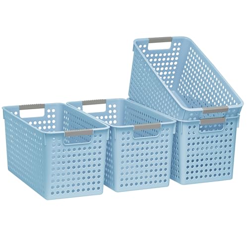 Soddeph Slim Plastic Storage Basket with Handles, Narrow Organizer box for Shelves, Organizer box for Organizing, Kitchen,Home,Office (Blue, Large)