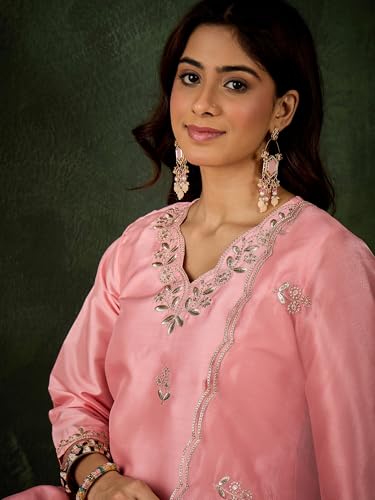 Image of VredeVogel Women's Ethnic Wear Embroidered Silk Blend Kurta Pant Set with Organza Dupatta | Festive & Casual Summer Kurti with Pants for Party Office & Ethnic Occasions