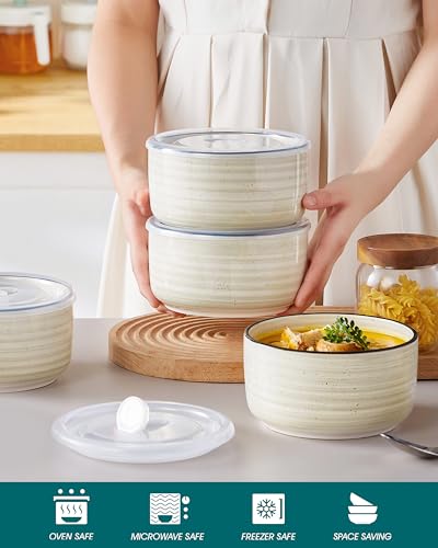 vancasso Bonbon Keramikschale mit Deckel, 1020ml Suppenschalen mit Deckel, Servierschalen Set 4er mit Deckel für Mittagessen, Picknick, Küche, Lebensmittelaufbewahrungsbehälter, Servierschalen