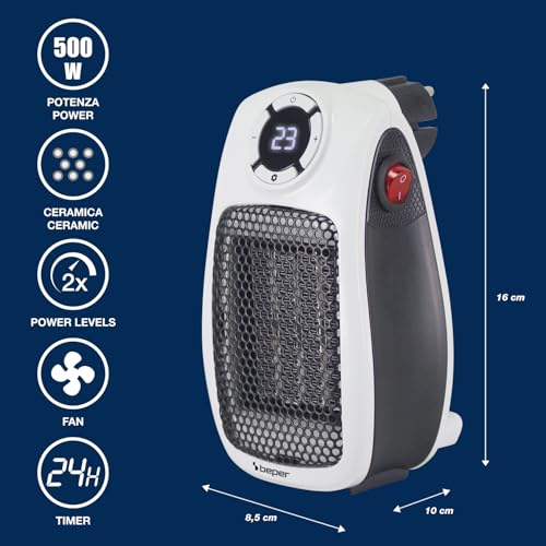 BEPER P203TER350 Mini calefactor cerámico, mini calefactor eléctrico compacto de 500 W/1000 W, pantalla LED, temporizador de 24 horas, termostato, enchufe giratorio de 90°, apagado automático seguro - imagen 2