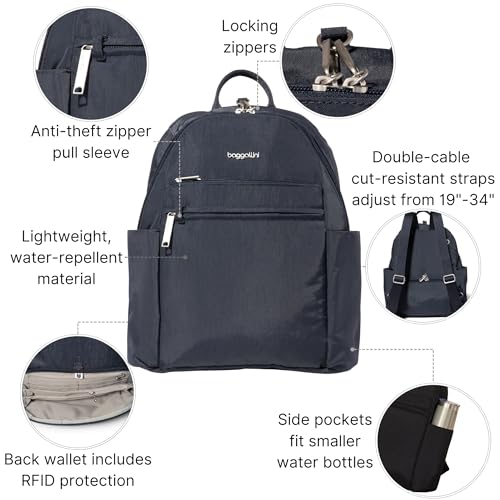 Image of Baggallini Securtex Anti-theft Vacation Travel Backpack 10x13 Slash-Resistant Nylon Daypack w /RFID, French Navy