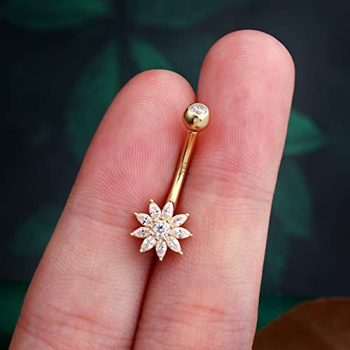 Cocharm 14K Solid Gold Belly Button Rings Gold 14K Real Gold Flower Belly Rings Yellow Gold Petal Navel Rings For Women 14K Gold Cute Belly Piercing Jewelry #TOP3