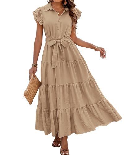 dowerme Women's Summer Casual Dresses 2026 Cap Ruffle Sleeve V Neck Button Belted Tiered Boho Maxi Dress with Pockets(Khaki,Large)