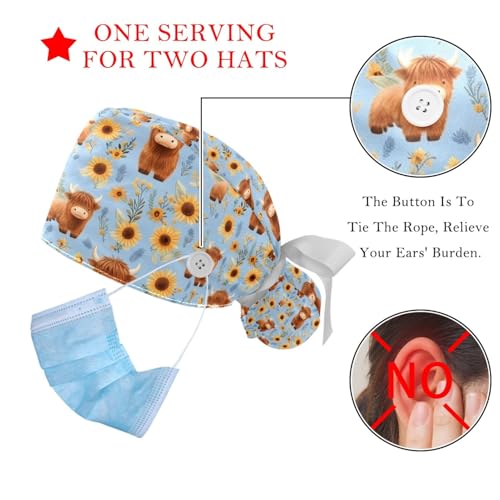 Image of 2 PCS Bouffant Cap with Button Ponytail Pouch Working Cap Sweatband Adjustable Surgical Cap Black and White Cow