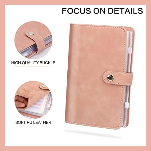 Uquelic Budget Binder Planner - A6 PU Ring Binder Savings Wallet, 12Pcs 6-Holes Punched Binder Pockets - Saving Cash Envelopes with Zipper, Expense Budget Sheets & Various Budget Stickers (Pink)