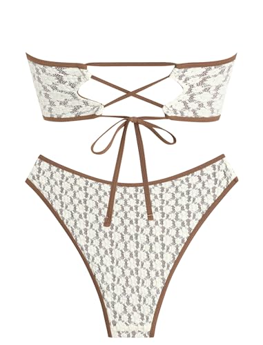 Image of ZAFUL Women Strapless Textured Bandeau Bikini 2 Piece Swimwear Cheeky Solid Lace up Bathing Suits