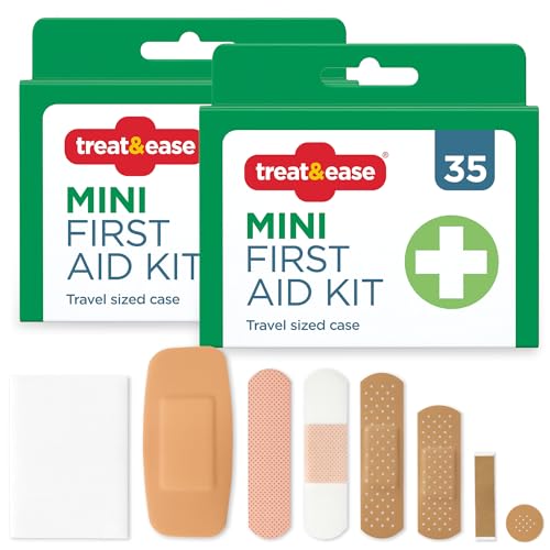 Image of Treat & Ease 70pk Mini First Aid Kit Home – Holiday Wound-Care Essentials, Portable and Lightweight, Hiking, Backpacking, Camping & Travel, Office, Outdoor Adventures, Ideal for Kids & Adults (2x35pk)