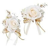 Wasise Prom Flower Corsage - 2PCS Wrist Corsage and Boutonniere Set, White Rose Boutonniere, Wrist Corsages for Wedding, Wedding Wrists Flowers, White and Gold Brooch, Corsages Kit