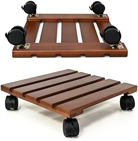 MISUMISO Plant Caddy Wooden Lockable Plant Stand Heavy Duty Plant Dolly 2 Pack Square Sturdy Design Indoor Outdoor Hold Up to 150lb (12" Square, Brown)