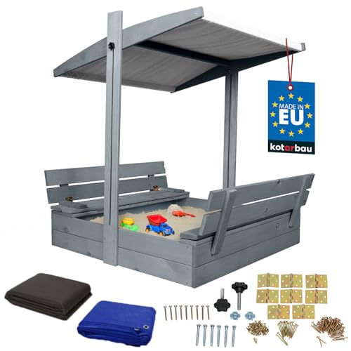KOTARBAU® Sandkasten mit Abdeckung 100 x 100 cm Großer Grau Holzsandkasten mit Grau Dach Sandkasten mit Deckel Sandkasten mit Dach Gartenspielzeug Kinder imprägniert verschließbar mit Bänken