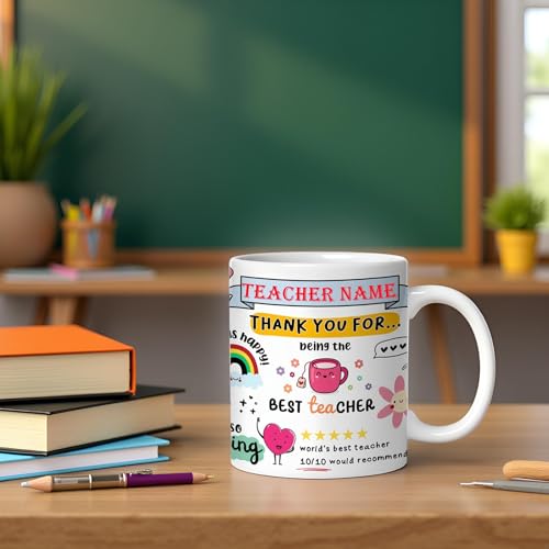 Image of DAYS Thank You Teacher Personalized Mug Custom Teacher's Name Best Teacher Gift, Teacher on Birthday Helping Me to Grow Ceramic Mug 11oz (Thank You for Name)