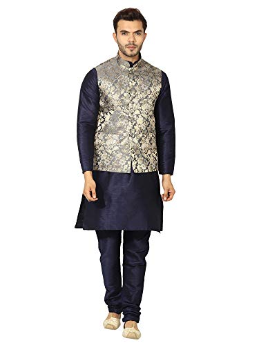 Image of Uri and MacKenzie Men's Silk Blend Regular Kurta Churidar Pyjama with Bundi Nehru Jacket /Waistcoat