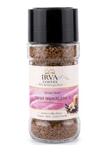 Image of IRVA Irish Indulgence Velvet Noir | Premium Irish Flavoured Instant Coffee (Non-Alcoholic) | Freeze-Dried Granules | Velvety Smooth, Creamy Indulgence with Rich Aroma | Perfect for Hot & Cold Coffee | Cafe-Style Experience at Home | 100 g | Makes 40-50 Cups