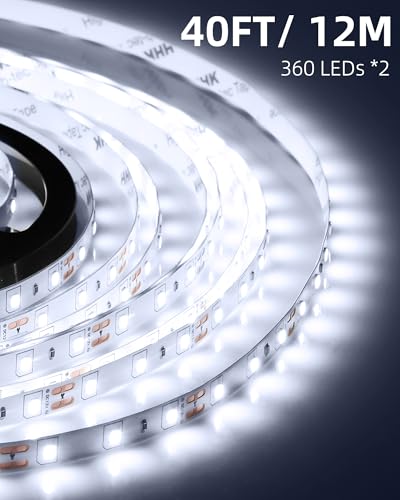 Image of 40ft LED Strip Lights with Remote, 6500K Daylight White Dimmable Tape Lights, 12V 720 LEDs 2835 Strong Adhesive Rope Lights for Cabinet Kitchen Ceiling Closet Vanity Mirror Stairway Basement