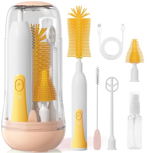 Image of Duoffanny Electric Bottle Brush Cleaner, Baby Bottle Cleaning Kit with Nipple Straw Brushes Drying Rack ​​Soap Dispenser Rechargable Waterproof Multi-Purpose E-Brush Set for Travel & Home, Yellow