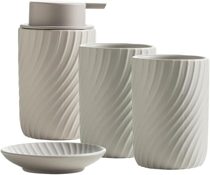 Bathroom Accessories Set- 4 Pcs Ceramic Bathroom Accessories Complete Set, Water Ripple Bathroom Accessories with 1 Soap Dispenser, 1 Toothbrush Holder, 1 Tumbler and 1 Soap Dish (Oat color)