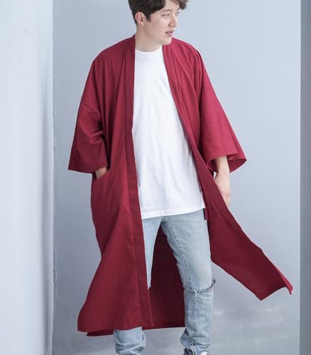 Image of Men's Long Cotton Linen Kimono Cardigan Oversized Noragi Jacket Man Haori Summer Yukata Beach Robe