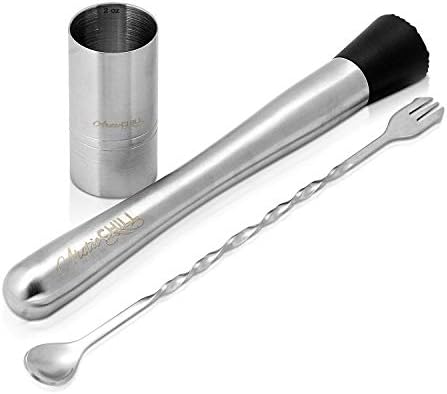 Arctic Chill 3 Piece Stainless Steel Muddling Tool Set, Grooved Nylon Head Muddler, Bar Mixing Spoon with Garnish Fork Tip, Double-Sided Cocktail Jigger, Perfect Professional Bartender Kit
