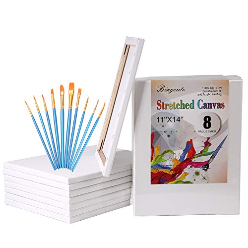Canvas Boards For Painting 11X14, Pre Stretched Canvas Blank White Value Pack Of 8 Primed Canvases Panels 5/8”Thick 100% Cotton For Acrylics Oil Painting With 10Pcs Brushes For Adults Kids #TOP4