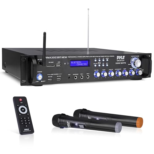 Pyle Bluetooth Home Audio Power Amplifier -4 Ch. 3000W, Stereo Receiver w/Speaker Selector, FM Radio, USB, Headphone, 2 Wireless Mics for Karaoke, Great for Home Entertainment System - PWMA3003BT.NEW