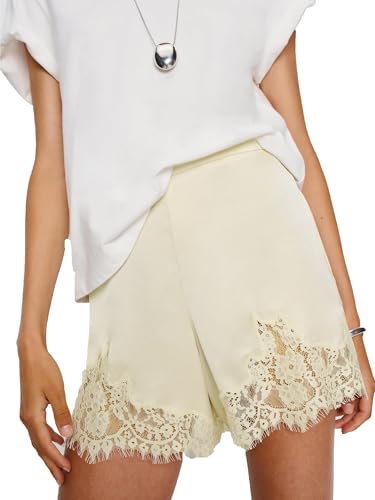 Springcmy – Shorts en satin de soie pour femmes avec bordure en dentelle, mini micro shorts soyeux, taille basse coquette, vêtement de nuit, boxers de détente, L