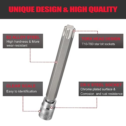 RIMKOLO 3/8\" Drive Extra Long Torx Bit Socket Set,15-Piece T10-T60 Star Bit Socket Set S2 Alloy Steel Torx Bit 4.6\" Length