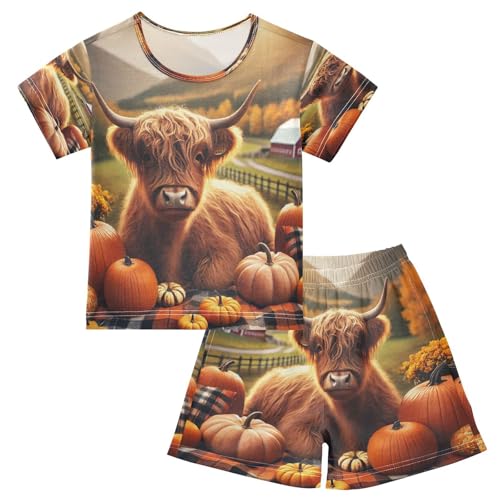 Fall Highland Cow Pumpkins Pajama Set Short Sleeve PJS 2 Piece Summer Pajamas Shorts Sets Cotton 5Y