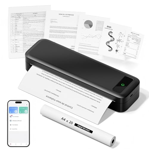 Imprimante Thermique Portable A4 sans Encre - Bluetooth sans Fil Compatible avec iOS et Android - Mini Imprimante Petite pour Papier Thermique 216/210/110/80/53mm, Mac, Windows, Reçus, 599g - Noir