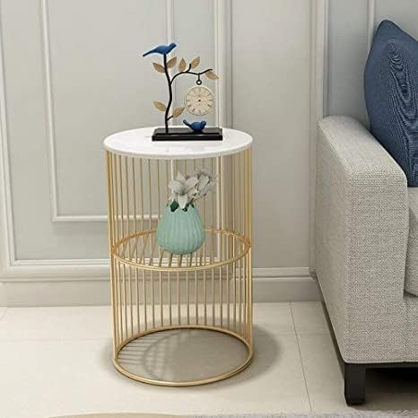 Image of Coffee Round Accent Table with Metal and Engineered Wood Tabletop and Powder Coated Frame for Living Room and Balcony (White Gold)