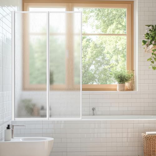 Daromigo Mampara de ducha para bañera de 100 x 140 cm, 2 piezas, plegable de plástico PS irrompible, accesorio para bañera con marco de aluminio blanco, mampara de ducha con estructura de gotas como