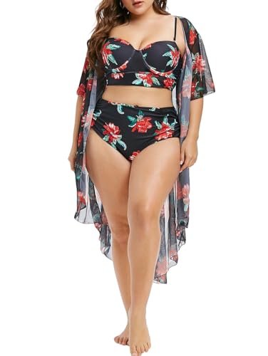 ROSE GAL Rosegal Plus Size Women 3 Piece Tankini Swimsuit Floral Print Underwire Push Up High Waisted Ruched Bathing Suit