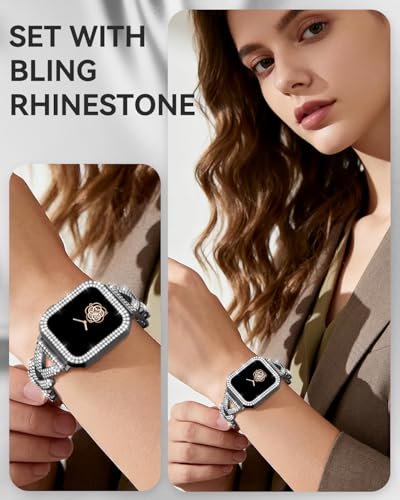 Image of Rhinestones Encrusted Metal Bracelet and Case, Compatible with Apple Watch Bands 38mm-49mm (Series 11 /1 /SE /Ultra 2)- Bling Gold Women's Jewelry Strap, Luxury iWatch Bracelet with Screen Protector