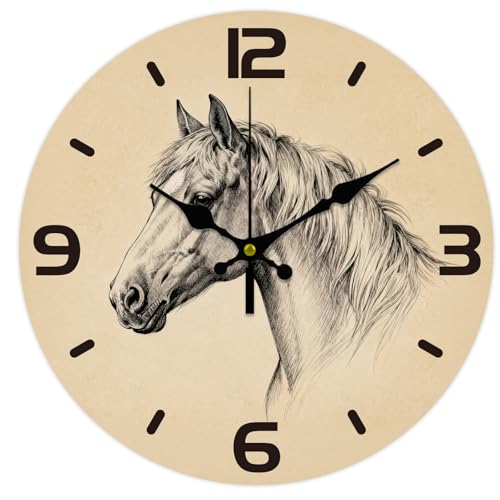 CONCHLERY Horloge murale ronde à motif de cheval 30,5 cm sans tic-tac pour chambre à coucher, salon, cuisine, bureau