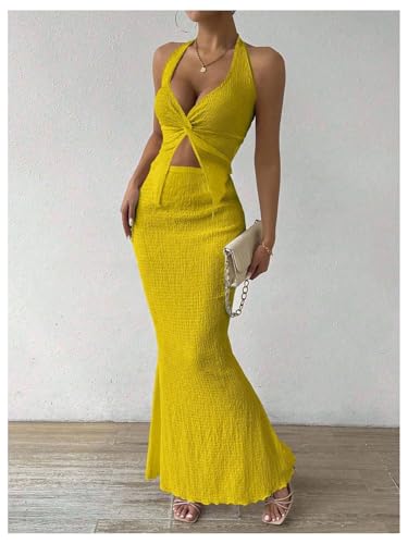 Image of SOLY HUX Women's Two Piece Outfits Twist Front Halter Cami Tops and Skirt Summer Set
