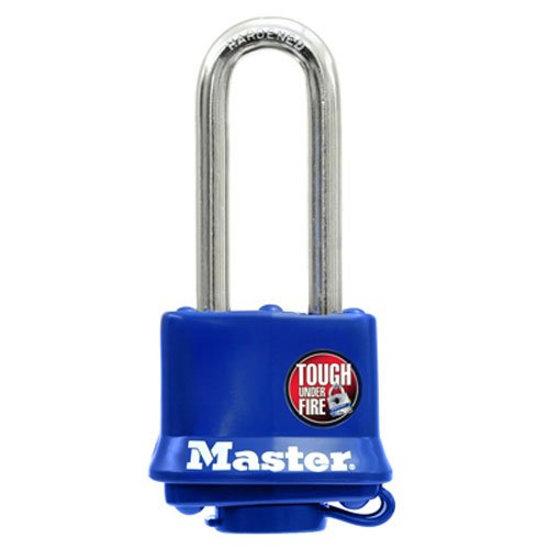 Master LockCO 1-1/2 Inch Long-Shackle Laminated Padlock with Blue Weatherproof Cover