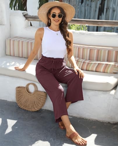 Image of siliteelon Wide Leg Linen Pants for Women Summer Capri Palazzo Flowy Pants Casual Loose High Waist Trousers with Pockets